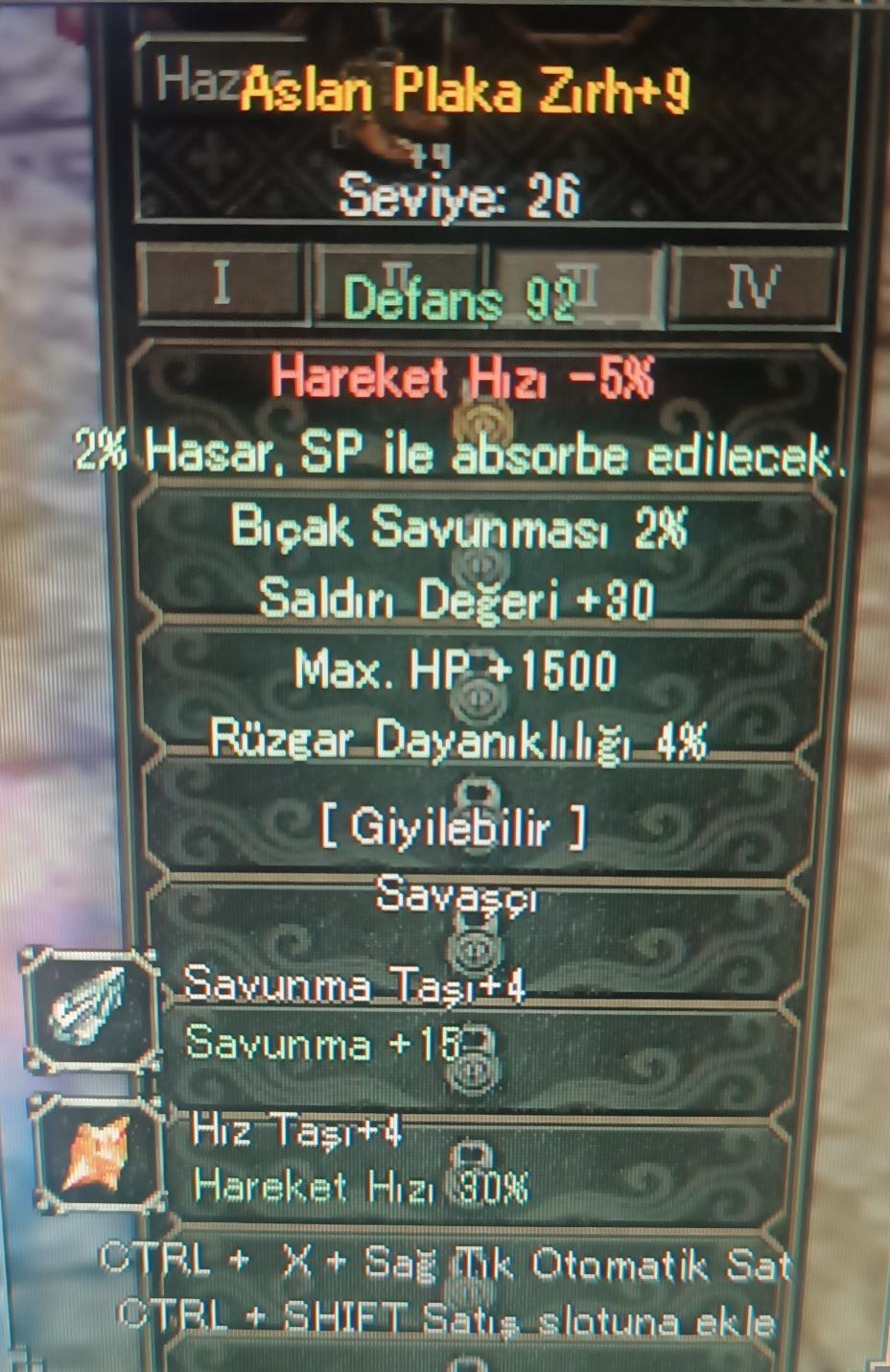 +9 aslan plaka +4 taşlı 1500 HP 30 str