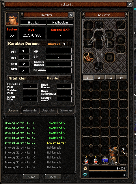65 LVL BEDENSEL HAVA OFKE G1 BIO BITIK ITEMSIZ - HAZIR