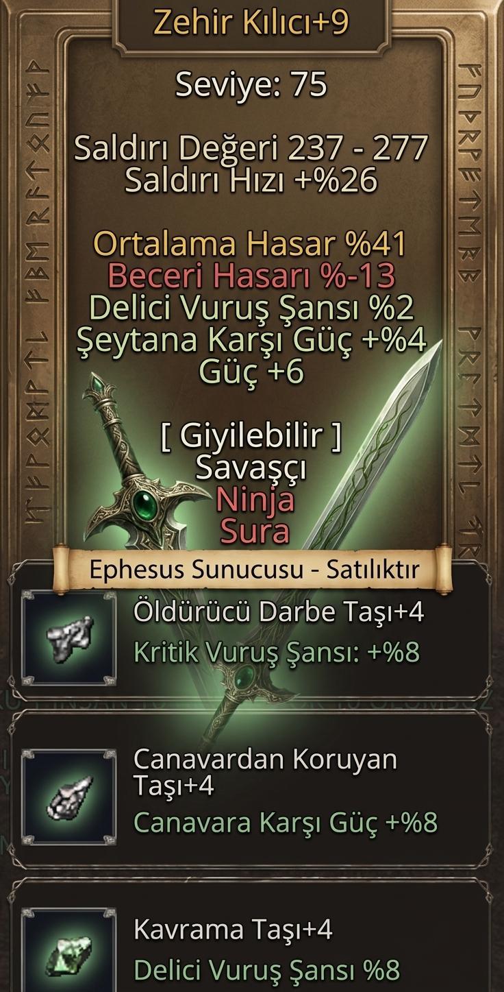⚔️ [EPHESUS] +9 ZEHİR KILICI SATILIKTIR — 320 M ⚔️