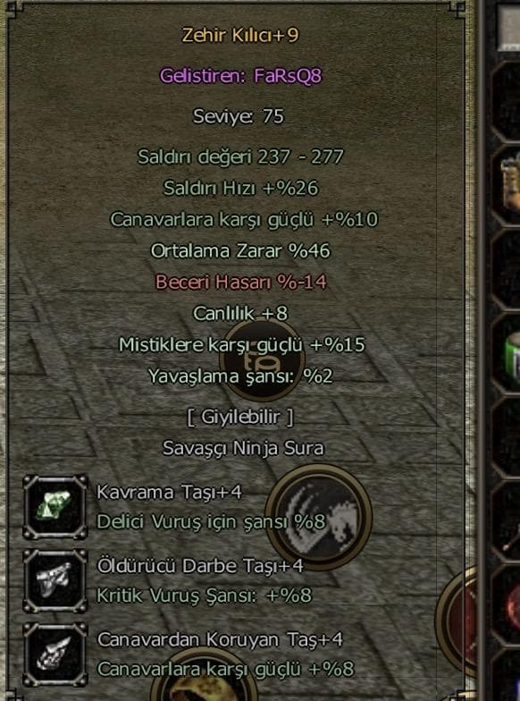 Zehir Kılıcı +9, 46 Ortalama Zarar