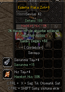 +9 Ejderha Plaka Zırh 50 STR 2000 HP +4 Hız ve Savunma