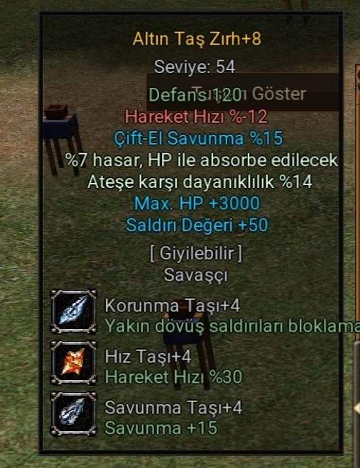 +8 Altın Taş Zırh full 4 taş 50 STR 3 k HP ateş