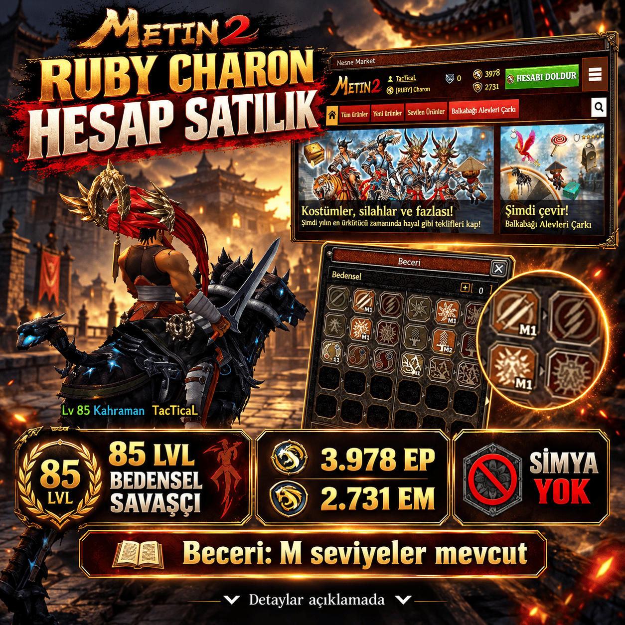 RUBY CHARON | 85 LVL BEDENSEL SAVAŞÇI | 3978 EP + 2731 EM | SATILIK