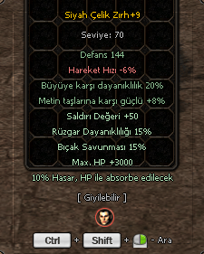 +9 SİYAH ÇELİK ZIRH %8 METİNLERE KARŞI GÜÇLÜ