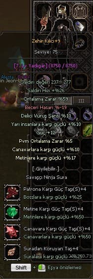 +9 ZEHİR KILICI 59 ORT 12 GÜÇ 10 YARI 10 DELİCİ - 5 PVM 17 METİN - METİN CANAVAR BOSS TAŞLI