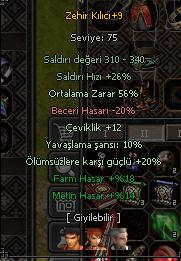 +9 ZEHİR KILICI 56 ORT 18 FARM 14 METİN HASAR