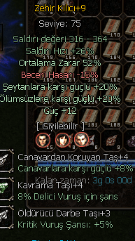 +9 ZEHİR KILICI 52 ORT 12 GÜÇ 20 ÖLÜMSÜZ ZEHİR