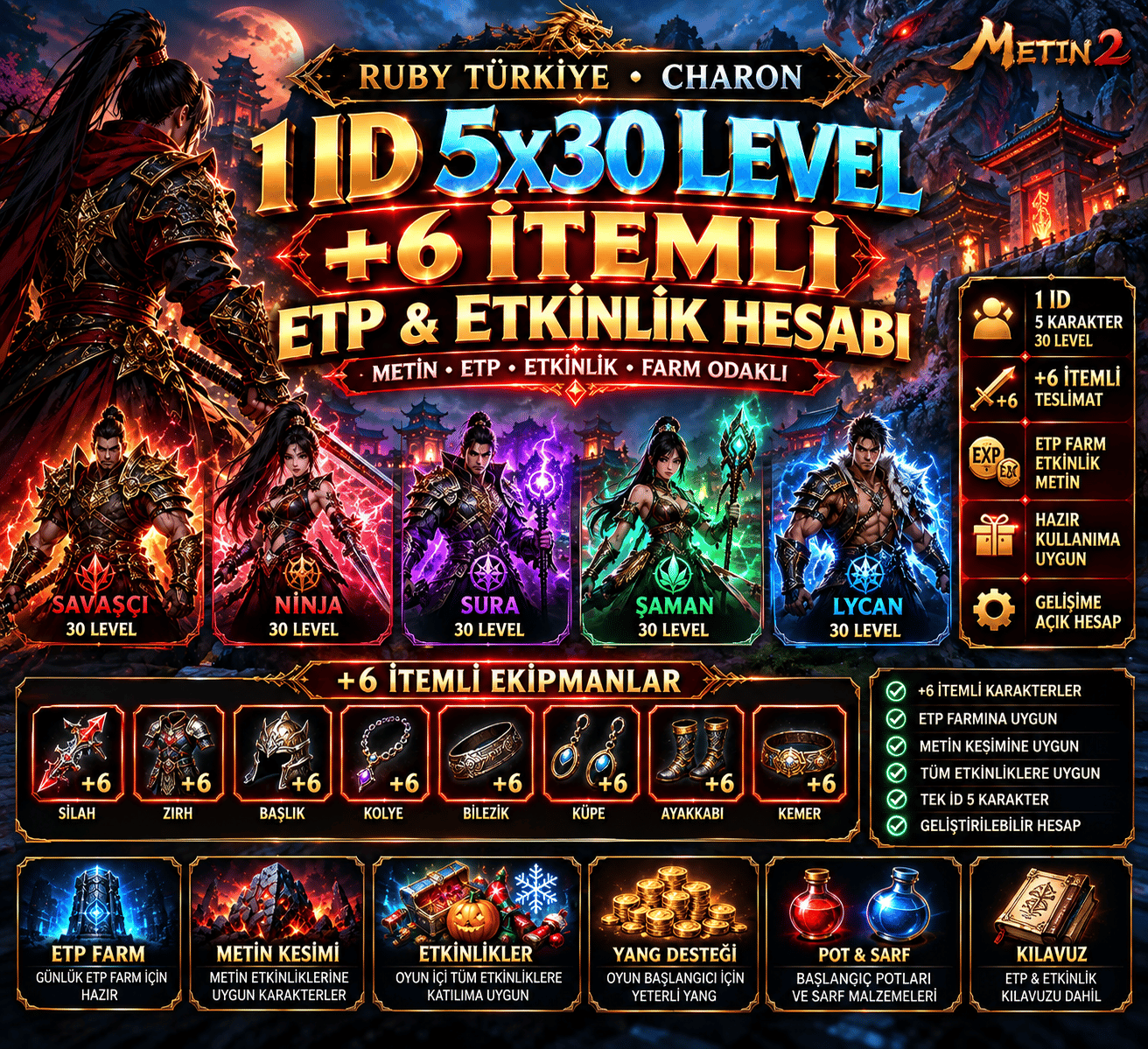 RUBY TÜRKİYE CHARON | 1 ID 5x30 LEVEL +6 İTEMLİ ETP & ETKİNLİK HESABI