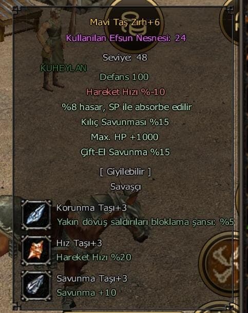 +6 YARI ELİT MAVİ TAŞ ZIRHI 1000 HP /KILIÇ ÇİFTEL 15