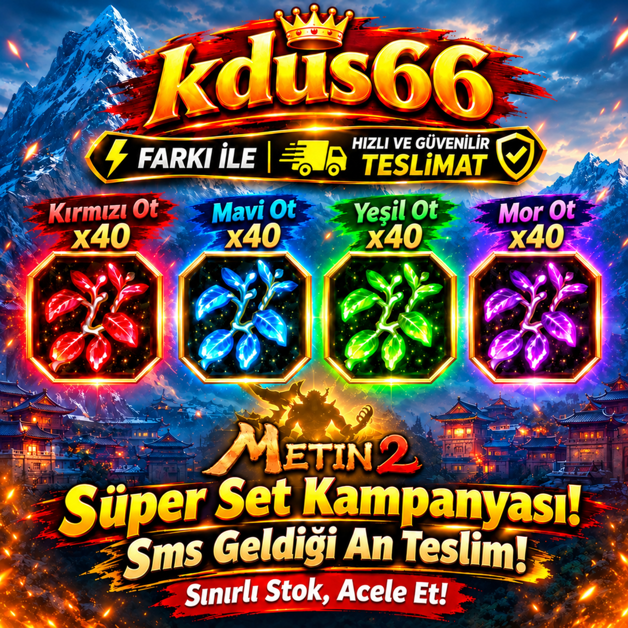 < x40 Adet Kırmızı Mavi Yeşil Mor Ot >