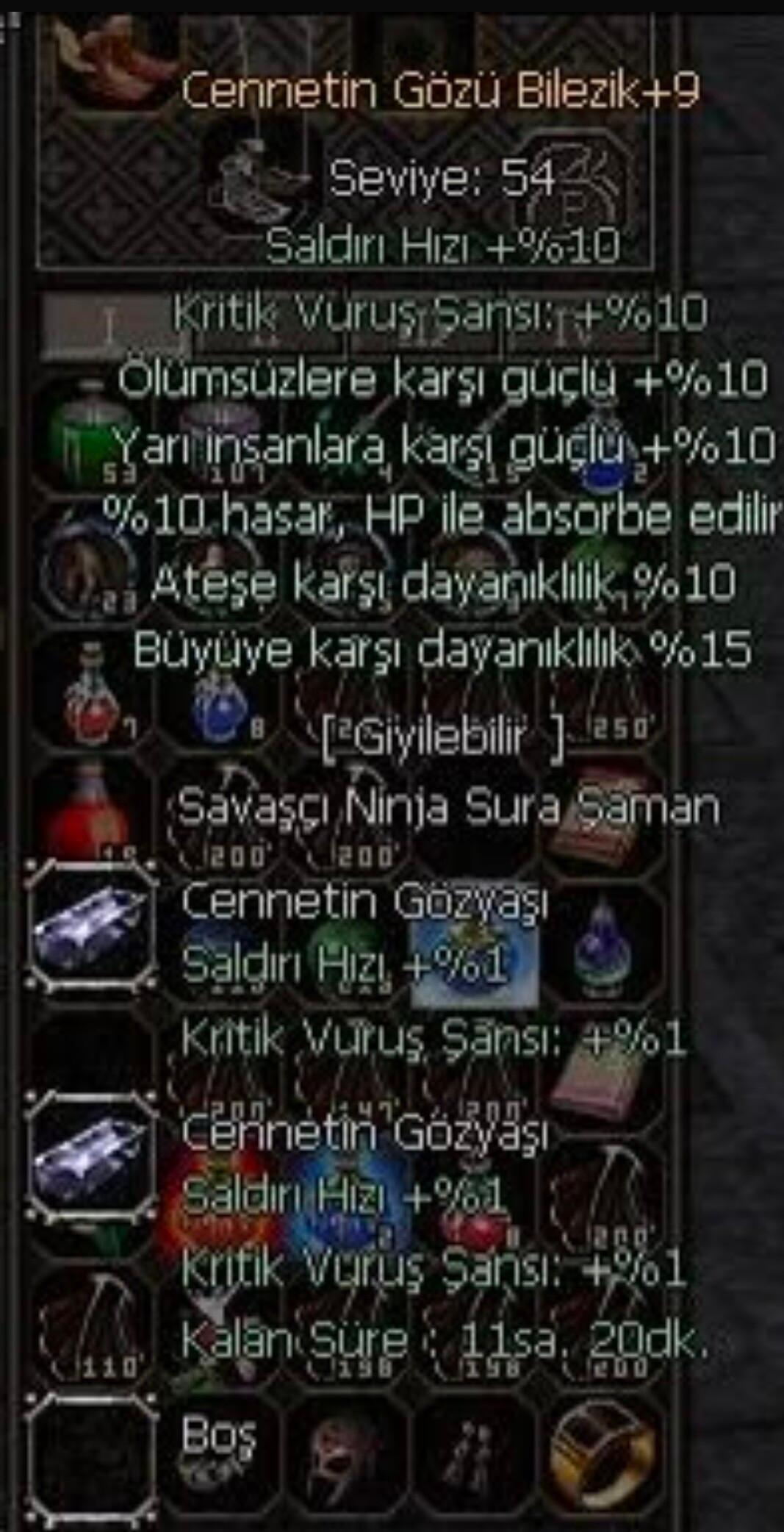 +9 CENNETİN GÖZÜ BİLEZİK 10 YARI 15 BÜYÜ 10 HP ABSORBE