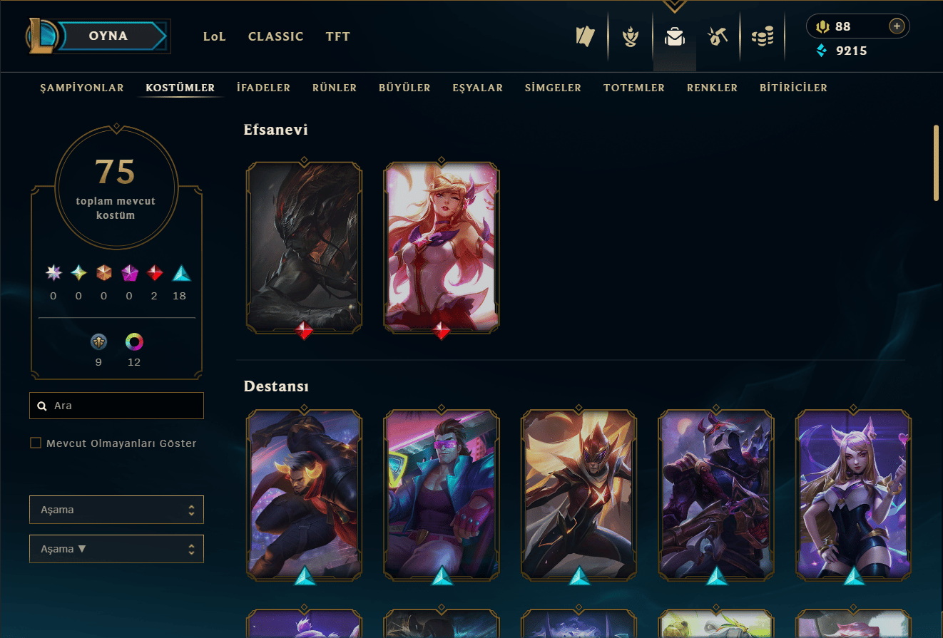 LOL HESABI SATILIR AŞIRI UYGUNDAN VERİYORUM 154 LWL 70 KOSTÜM VAR