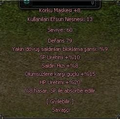 +8 KORKU MASKE ZIRH