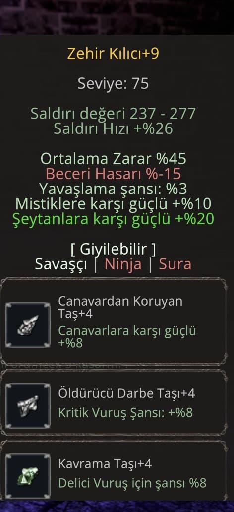 Sürgünlük elit zehir kılıcı 45 ort 20 şeytan 4 taş