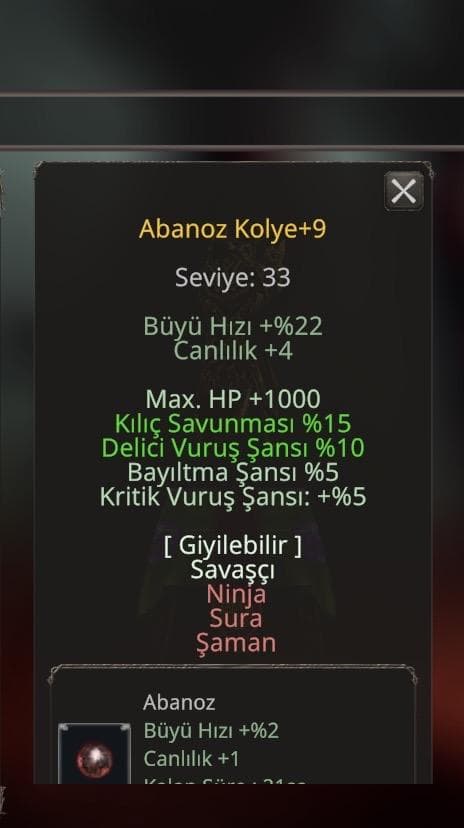 Oyun sonu itemler +9 Abanoz kolye