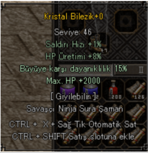 +6 KRİSTAL BİLEZİK 2K HP 15 BÜYÜ ELİT EFSUNLU SATILIR