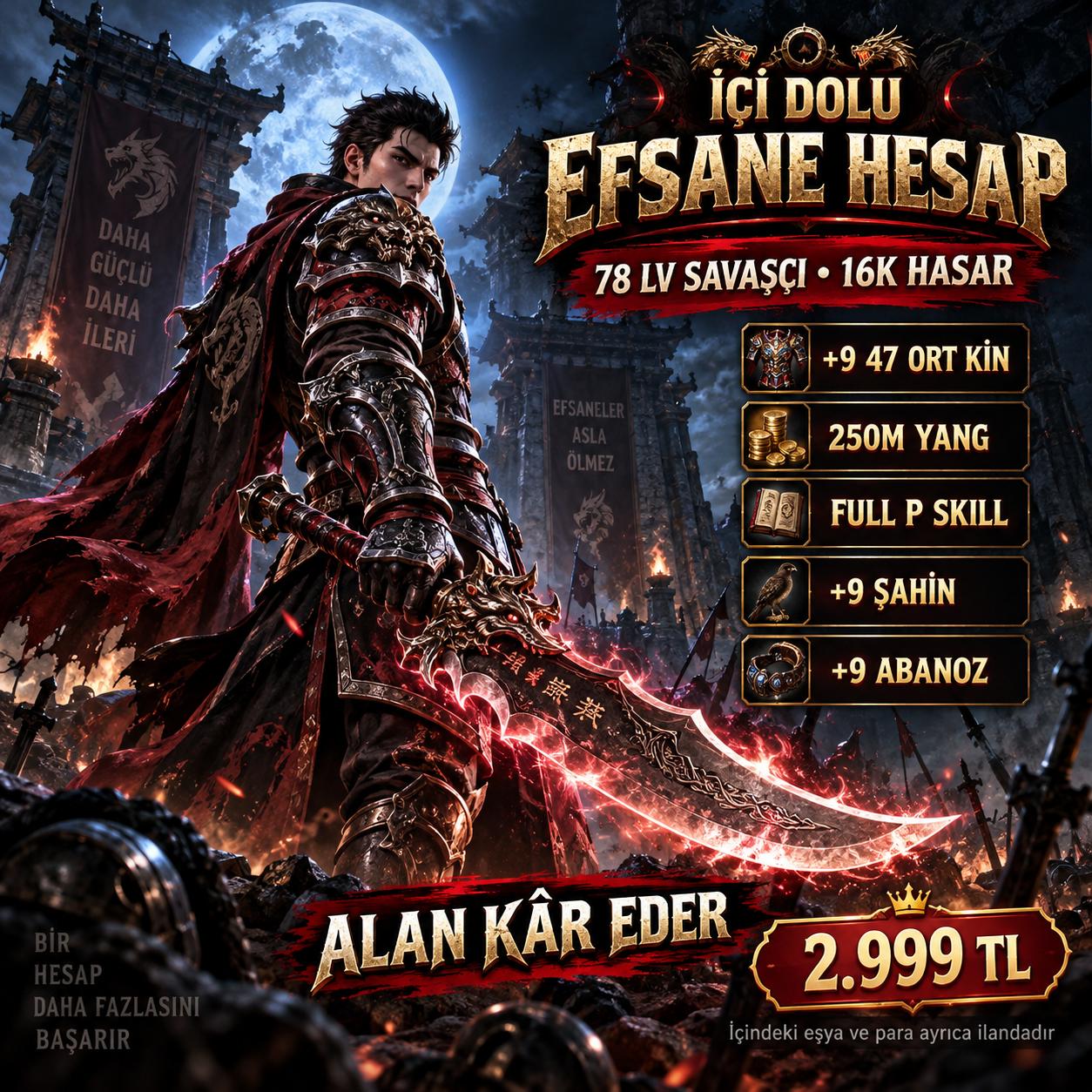 78 LV | 16K HASAR | +9 47 ORT KİN | FULL P | 250M | İÇİ DOLU