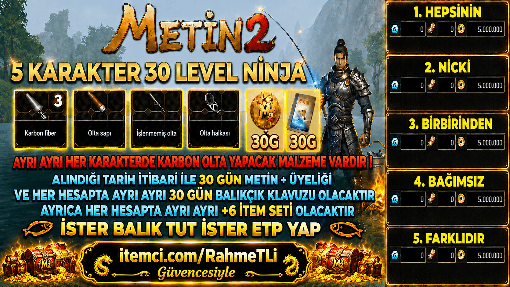 🌟 5x 30 LWL NİNJA | 30 GÜN METİN+ & KILAVUZ | KARBON OLTA | FULL +6 🌟