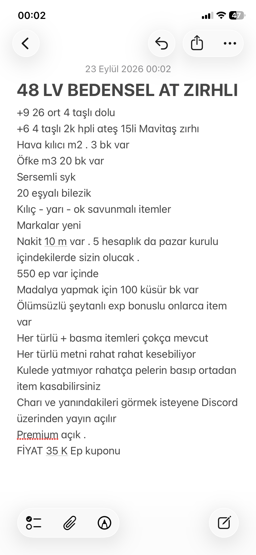 48 level bedensel at zırhlı . Gırtlak dolusu itemlerle verilecek