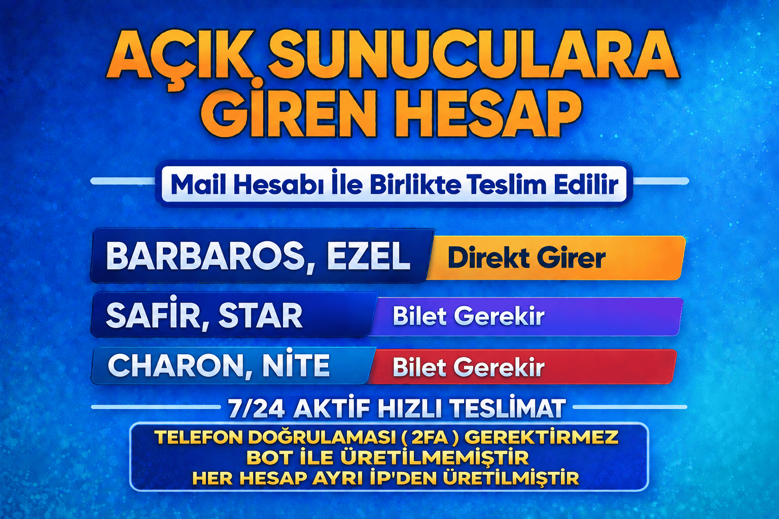 [ 1 MAİL - x32 ID ] Charon Giren Hesap - [ Bilet Gerekli ]