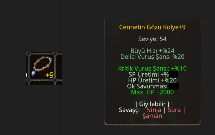 +9 CENNETİN GÖZÜ KOLYE 2 K HP 10 KRİTİK  20 HP ÜRETİMİ OK SP ÜRETİMİ