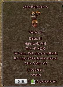 ASLAN PLAKA ZIRH+5 (2K HP +30 STR %5 HP ABS.)