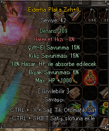 15 KILIC 15 ÇİFT EL 10 HP ABSORBE 1K HP +9 EJDERHA PLAKA ZIRH