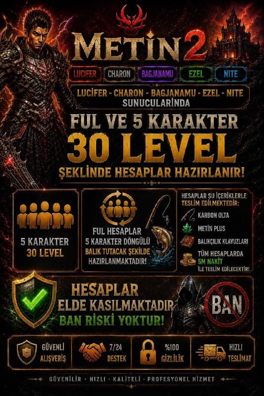 1 MAİL 1 ID 5 ADET 30 LVL FULL KARBON OLTA METİN+ HESAP