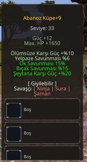 +9 ABANOZ 20 ŞEYTAN 15 OK 10 ÖLÜMSÜZ 15 BIÇAK