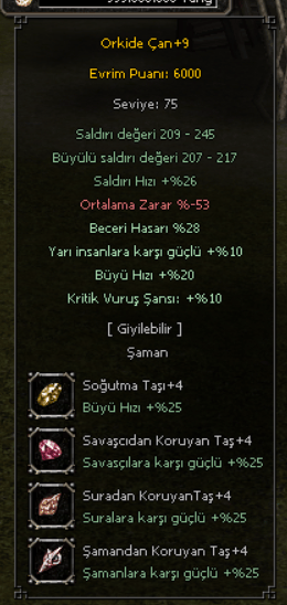 28 Beceri %10 Yarı %20 Büyü hızı %10 Kritik vuruş Efsun Orkide Çan