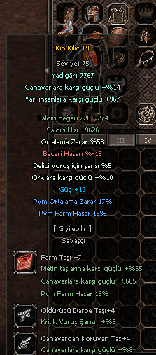 +9 KİN KILICI 53 ORT 12 GÜÇ +7 FARM TAŞLI 30 PVM ** 325 TL