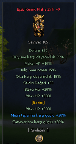 +9 Ful Evrim Kemik Plaka Zırh