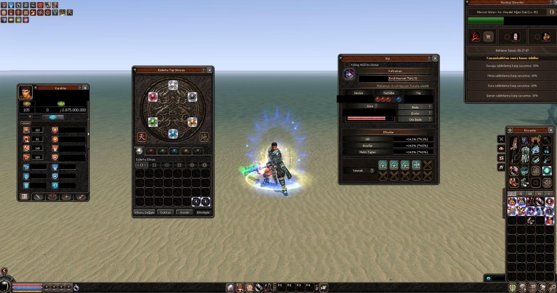 105 LVL 85K METİN HASARLI +9 SAFİR SETLİ PREMİUM PAKETLİ HESAP
