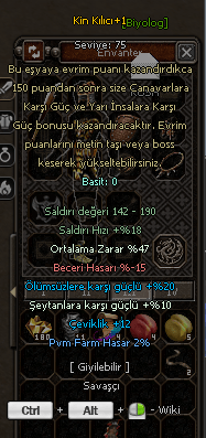 KİN KILICI +1  47 ort 20 olumsuz 12 Çeviklik 10 şeytan