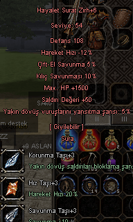 +6 hayalet sura zırhı 1.5k hp 50 str kılıç çift el yansıtma