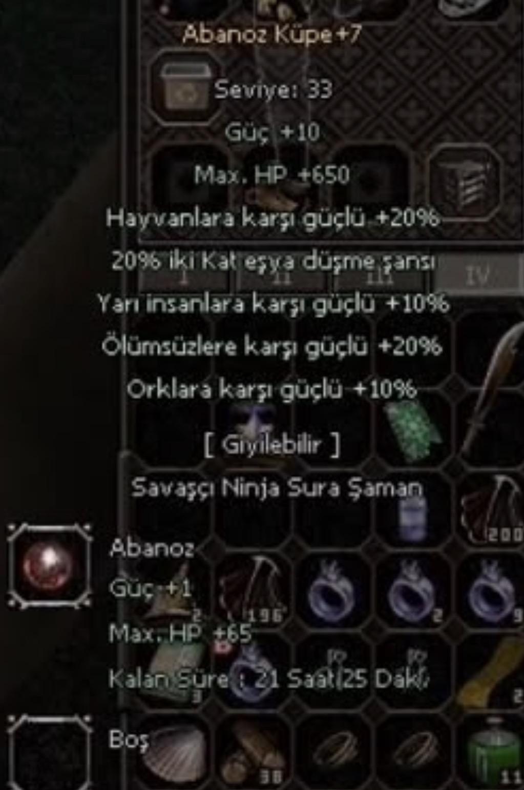 +7 Abanoz  Küpe 20 Eşya 20 Ölümsüz 10 Yari