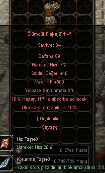 +7 Ölümcül Zırh Çok Uyguna Full savunma
