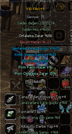 +9 KİN KILICI 56 ORT ALANA +9 RUH KRİSTALİ KALKAN VE +9 FARM SET HEDİYE ANINDA TESLİM