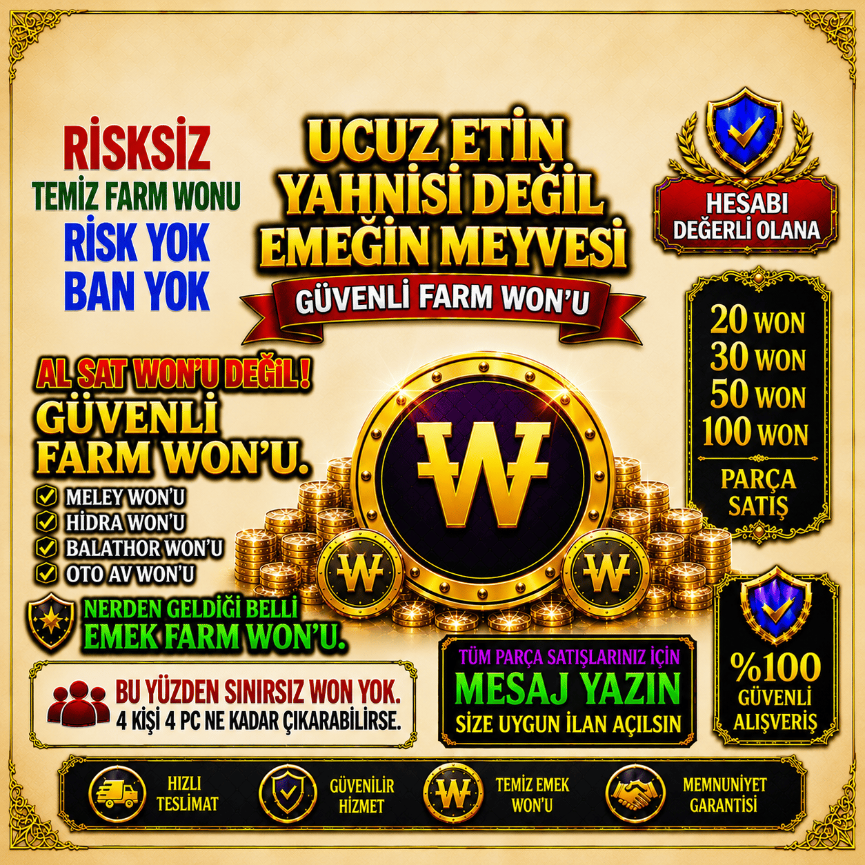 NİTE 30 WON ANINDA TESLİM %100 FARM EMEK WONU