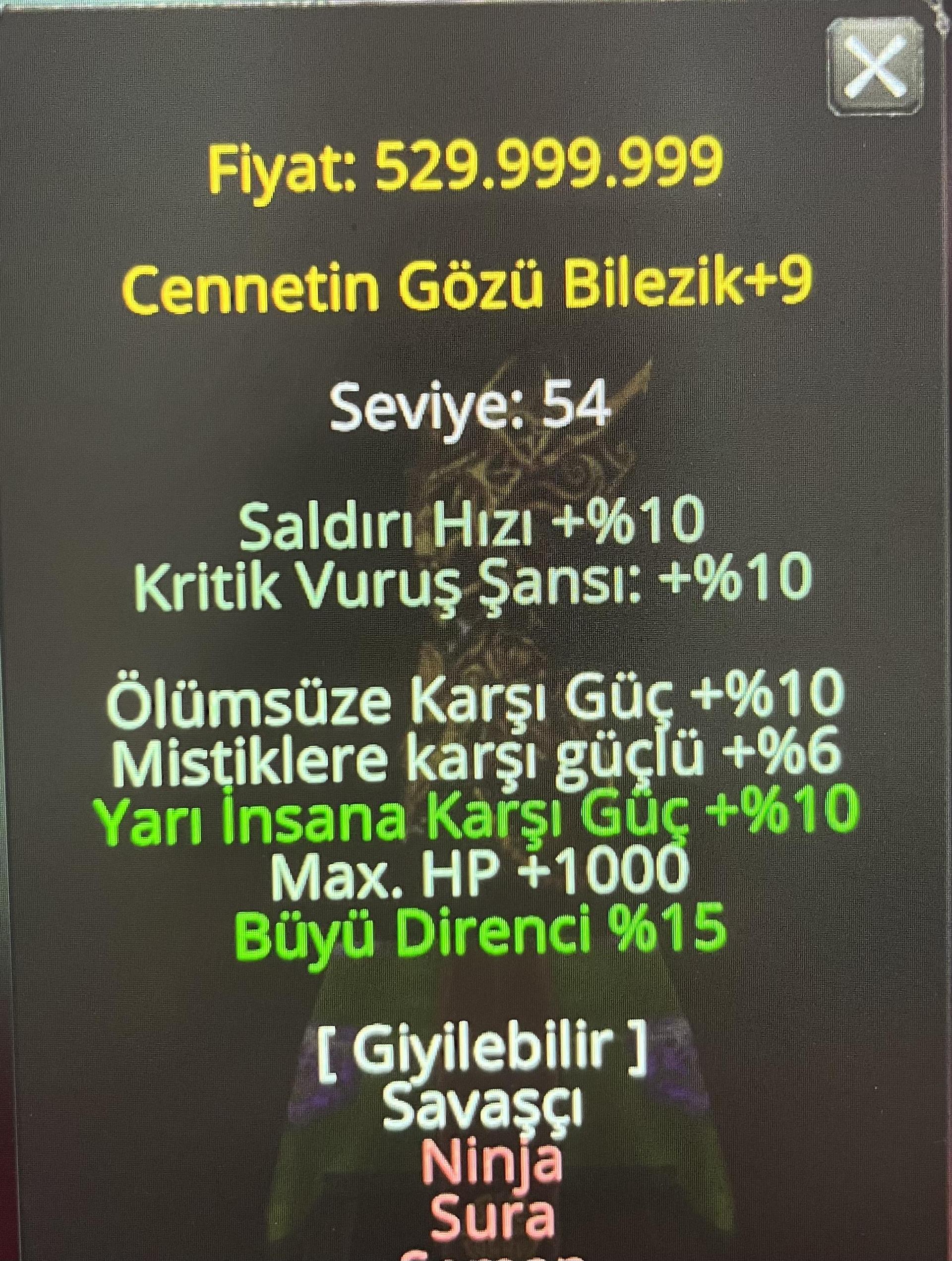 +9 Cennet Bilezik (10 Yarı -15 Büyü-1000 Hp)