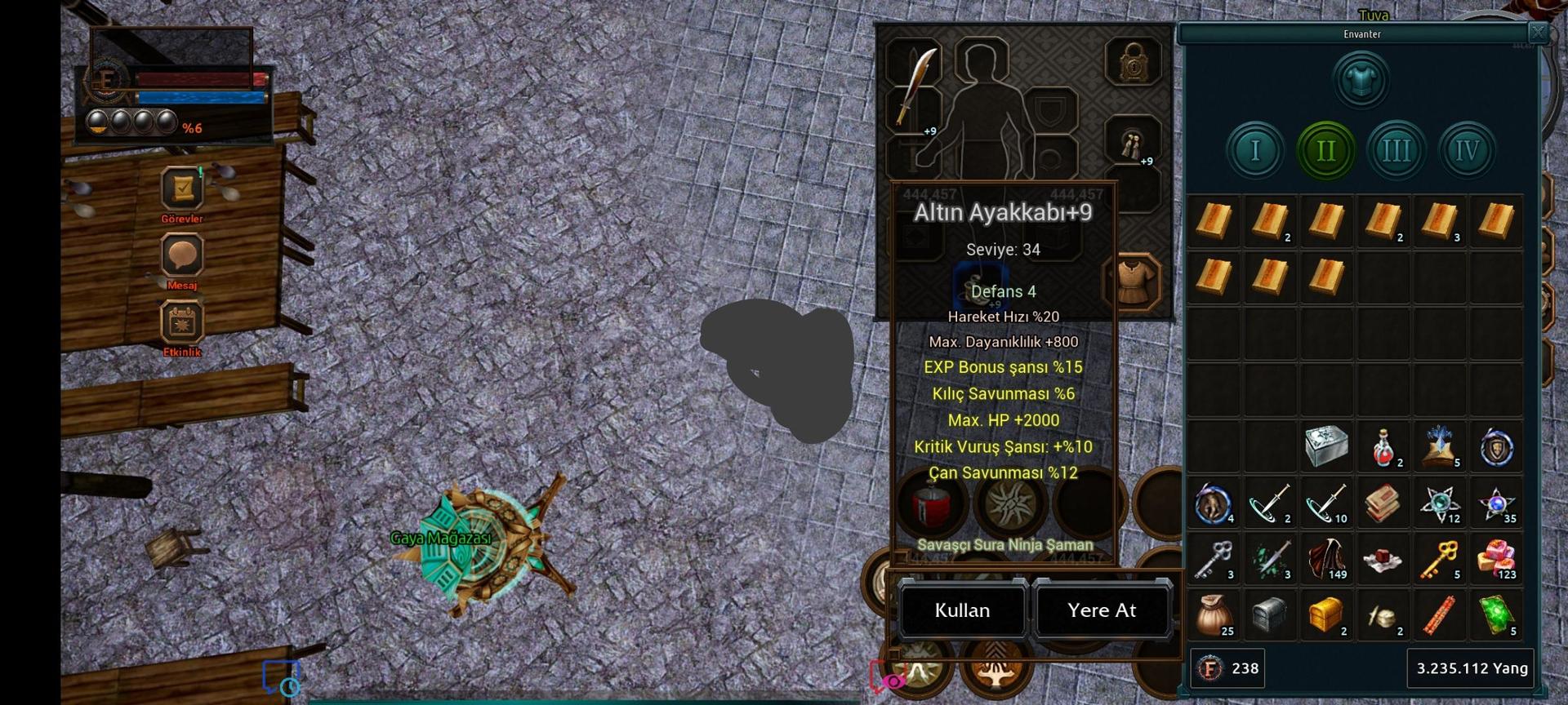 2 K HP 10 KRİTİK 15 EXP +9 ALTIN AYAK 1100 TL