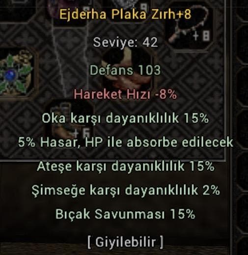 +8 Ejderha plaka zırhı 15 ateş 15 ok 5 hp absorbe