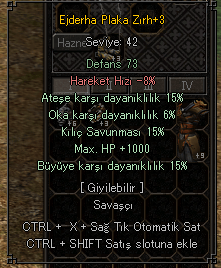 +3 Ejderha Plaka 15 ateş 15 büyü 15 kılıç 1k hp