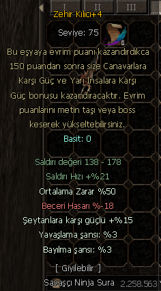 +4 ZEHİR KILICI 50ORT/15ŞEYTAN/3YAVAŞLATMA/3BAYILMA
