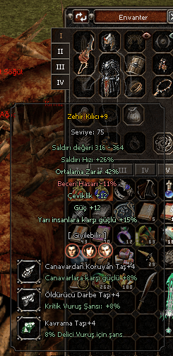 +9 Zehir 42 Ortlu 12 Güç 12 Çeviklik 15 Yarı FULL TAŞLI