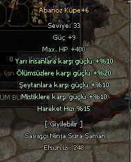 +6 ABANOZ YARI 10 ÖLÜMSÜZ 20 ŞEYTAN 10 MİSTİK 10 HAREKET HIZI 15