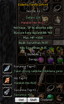 +8 EJDERHA TANRISI 1500HP 15KILIÇ 15 BIŞAK 8BÜYÜ 8 SP ABSORBE +3 TAŞLI