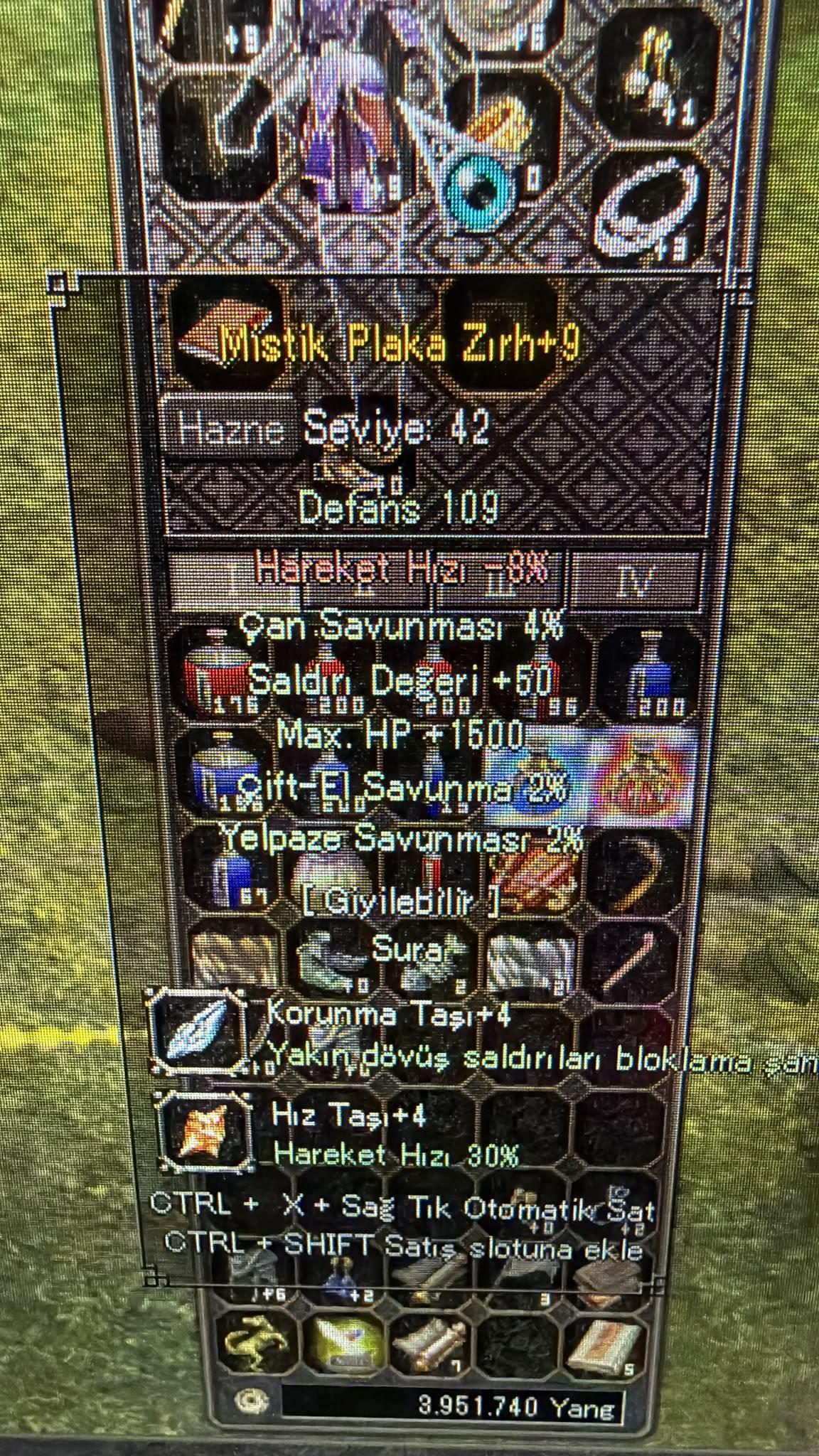+9 MİSTİK PLAKA 50 STR 1500 HP ZIRH 42 LVL +4 TAŞLARI