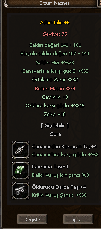 +6 ASLAN KILICI 62 ORT 10 ZEKA 8 ÇEVİK