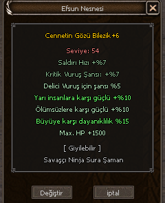 +6 CENNET BİLEZİK 1500 HP 10 YARI 15 BÜYÜ 5 DELİCİ